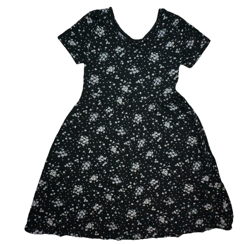 Old Navy Kid‎ Girls XL 14-16 Black Floral Tiered Short Sleeve Dress Pockets